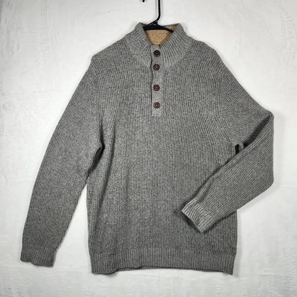 GH Bass & Co Men's Size XL 1/4 Button Knit‎ Sweater Dark Gray Sherpa Collar